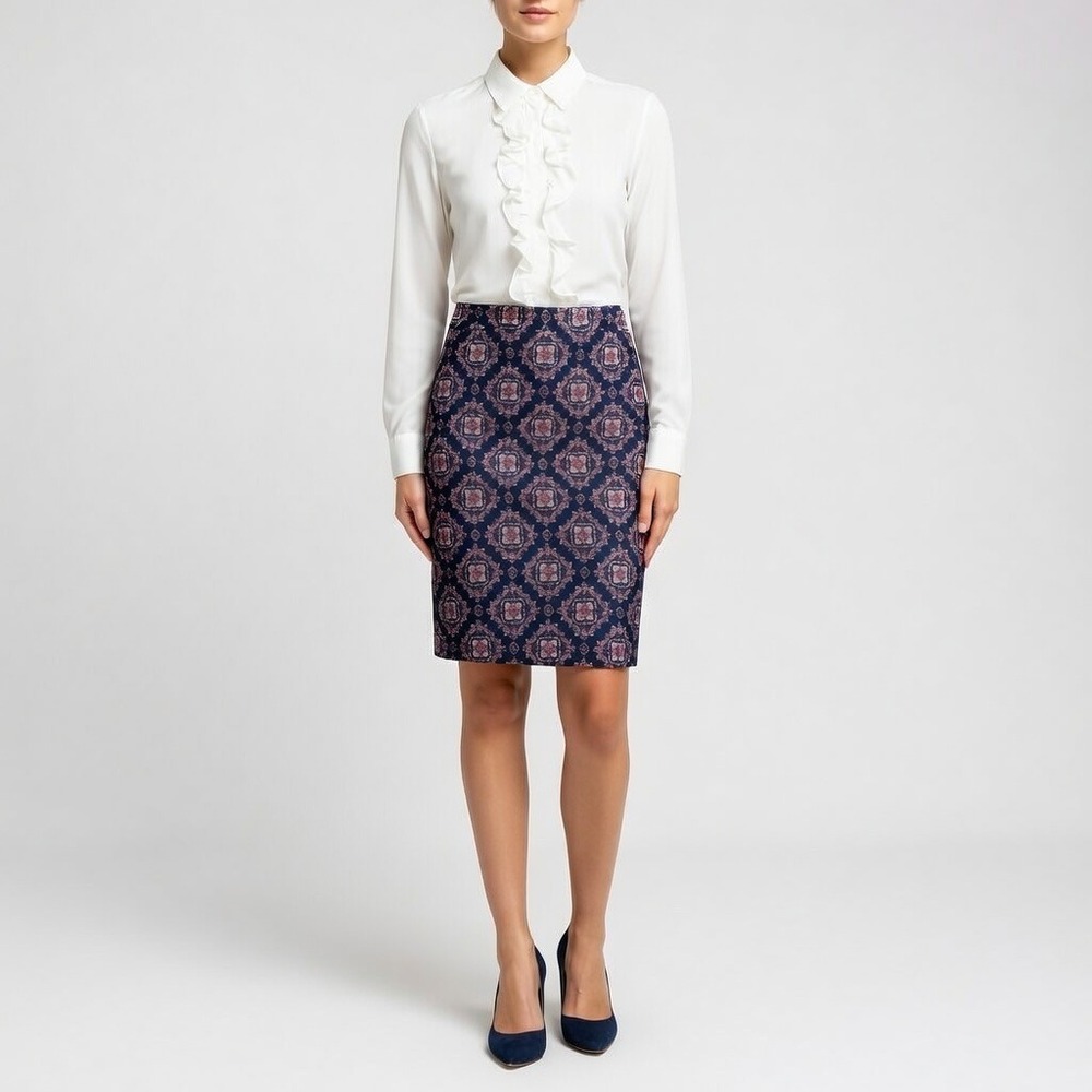 J.Crew Pencil Skirt Women 0 Navy Pink Medallion Tile Print Cotton Stretch Career